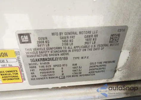 2014 Buick Enclave Leather из США, поврежденный, VIN 5GAKRBKD6EJ315169